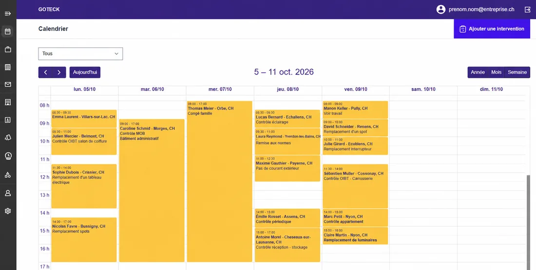Le calendrier de Goteck en vue semaine, du 5 au 11 octobre 2026 : une colonne par jour, les interventions en jaune avec l’horaire, un nom, le lieu et le travail prévu.